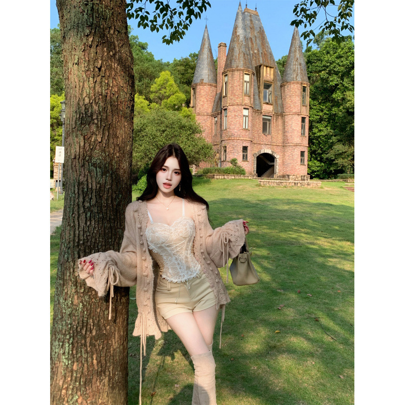 慵懒长袖针织毛衣外套蕾丝吊带背心包臀短裤三件套套装女|undefined