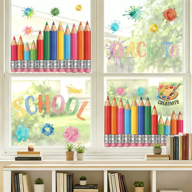 开学返校季装饰品静电玻璃门贴纸橱窗户多色铅笔小学校幼儿园布置