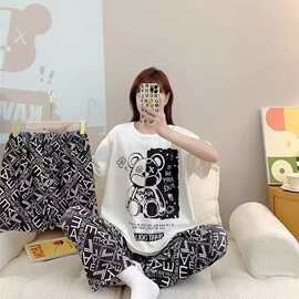 跨境东南亚睡衣三件套牛奶丝短袖长裤印花卡通图案女士家居服睡衣