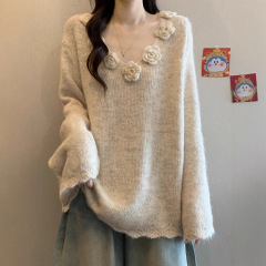 立体花朵V领针织衫女2025新款秋冬毛衣大码胖mm中长款超好看上衣