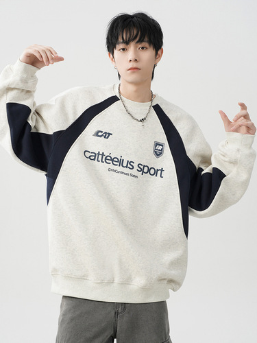 American heavy contrast color stitching round collar sweaters for men and women autumn oversize design casual base tops trend