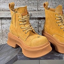 吴宣仪同款大头靴夏牛皮松糕厚底大黄靴马丁靴短筒女短靴绑带小黄