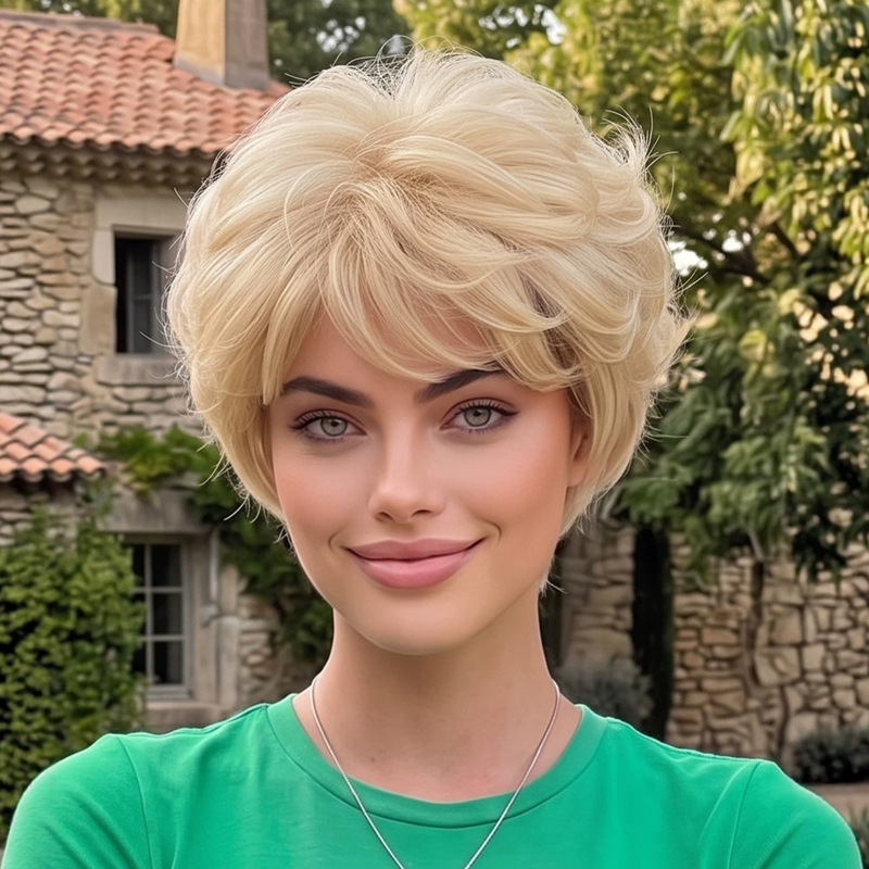 European and American style women's golden elf wig with bangs, short curly synthetic fiber wig for middle-aged and elderly women, 9 inches