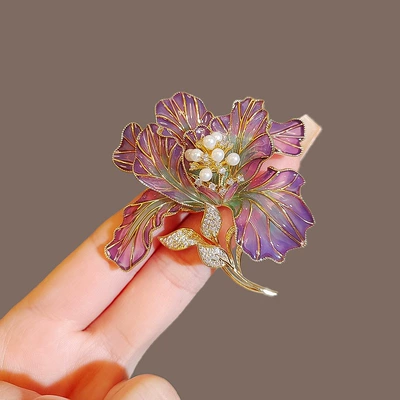 Antique Enamel Flower Brooch High-grade Brushed Light Luxury Pearl Corsage High-grade Elegant Pin Accessories (Yaxa sancaqları) - purple