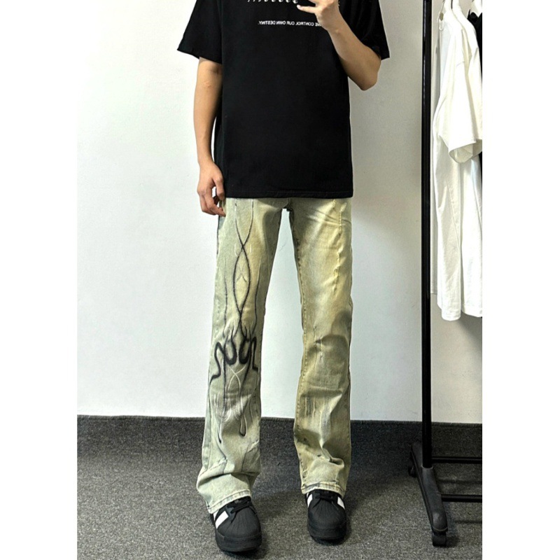 American fashion brand high street flame residual shadow slim fit micro flared jeans Vibe style pants for men, washed_voghion.com