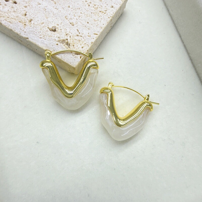 欧美个性冷淡风几何组合V形铜&塑料耳环耳扣 美拉德高级感U形耳圈|undefined