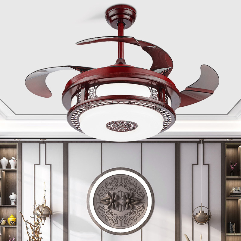 New Chinese Style Invisible Fan Lamp, Red Wood Retro Bedroom Living Room Fan Chandelier Restaurant Ancient Style Variable Speed Chandelier Fan Lamp