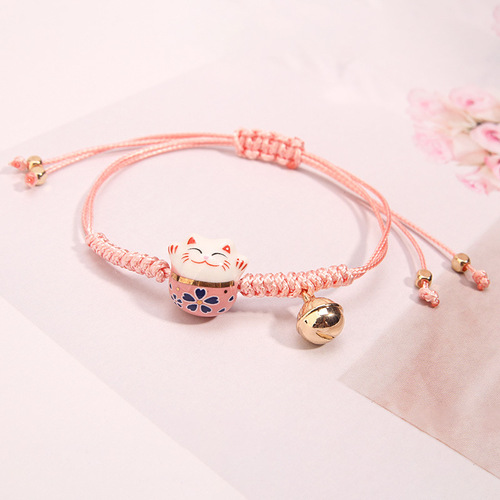 Simple and Cute Ceramic Cat Bracelet for Women, Fresh Student Hand-woven Money Cat Red Rope Bracelet for Women as a Gift