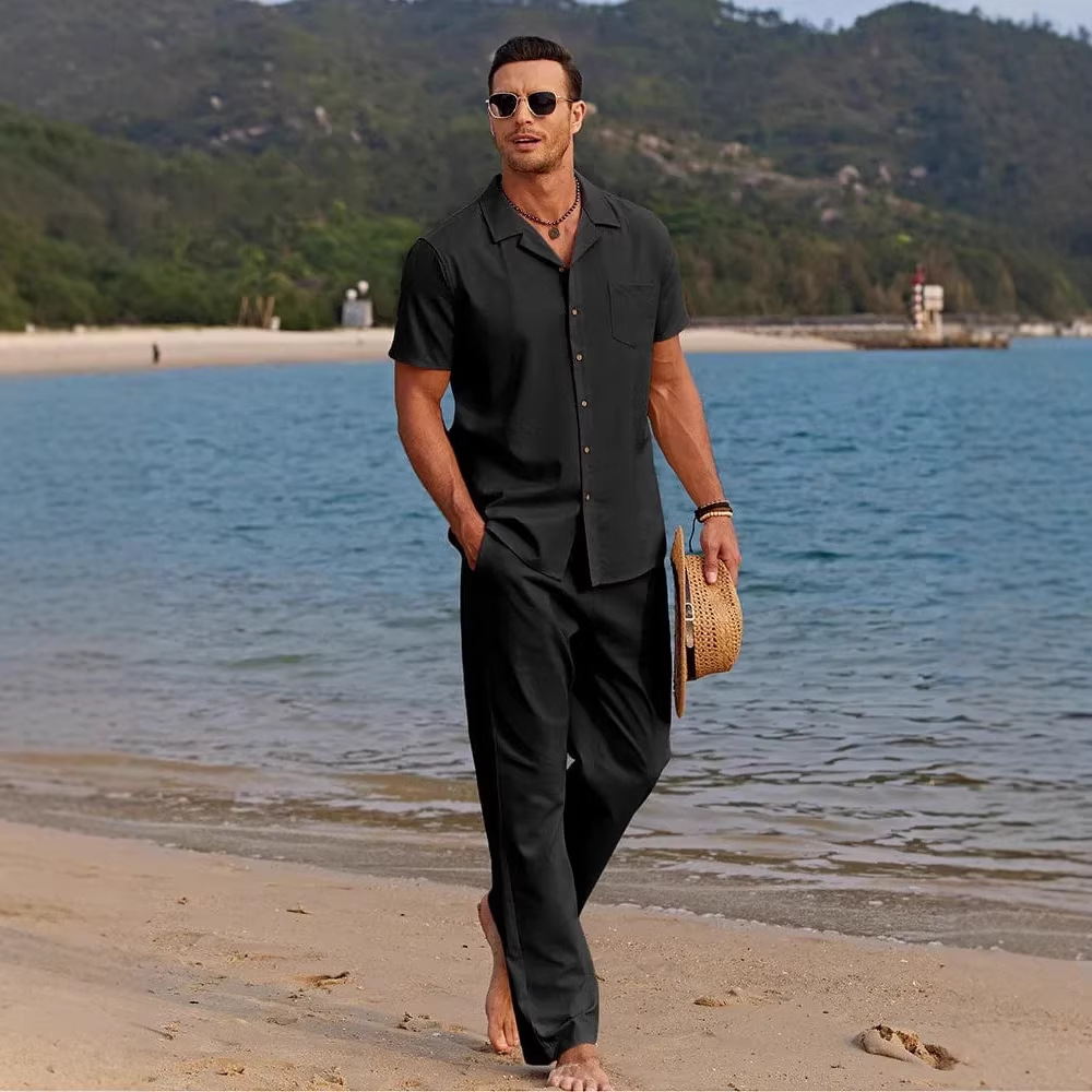 Men's Two Piece Set Short Sleeve Button Down Shirt And Loose Casual Pants Solid Color Beach Wear_viptrois.com