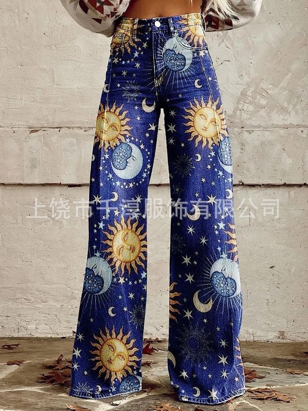 跨境欧美独立站爆款数码印花假牛仔女士阔腿裤 女士喇叭修身长裤|undefined