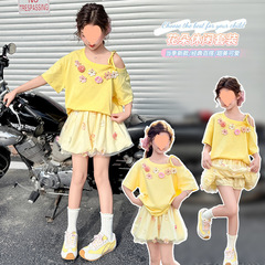 女の子の夏の甘いスーツ新しい中型と大型の子供用女の子の花子供服ショートフラワースカートツーピーストレンディセット
