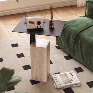 2025 Natural Travertine Side Table Sofa Internet Celebrity Ins Minimalist Marble Square Cream Small Coffee Table Bedside Table