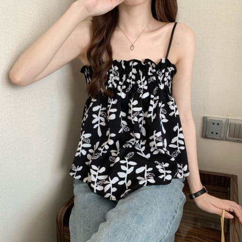 Summer  New Floral French-style Small Straps Women's Irregular Outerwear Tank Top Unique Nipple-Up Top Trendy