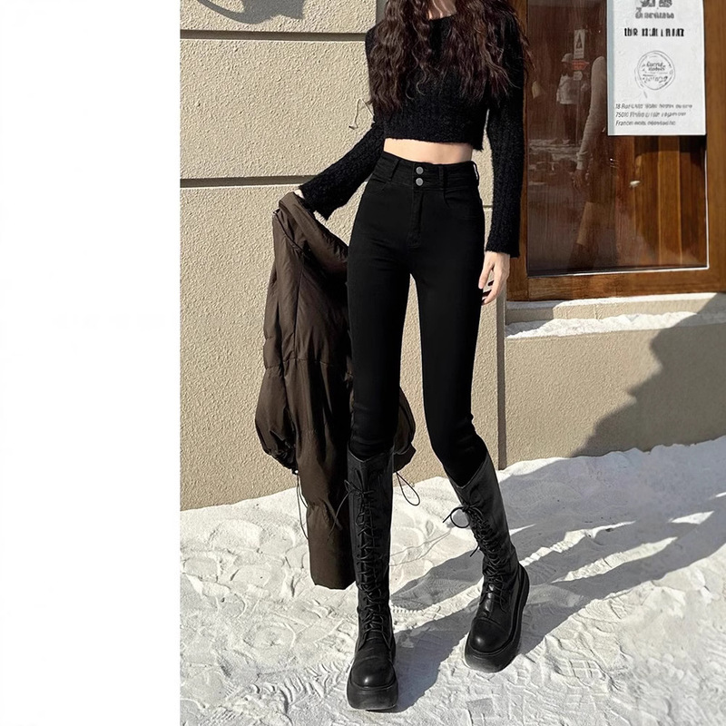 Black fleece-lined Jeans Women 2024 New Autumn and Winter High Waist Slim Fit with Boots Tight Feet Pencil Pants