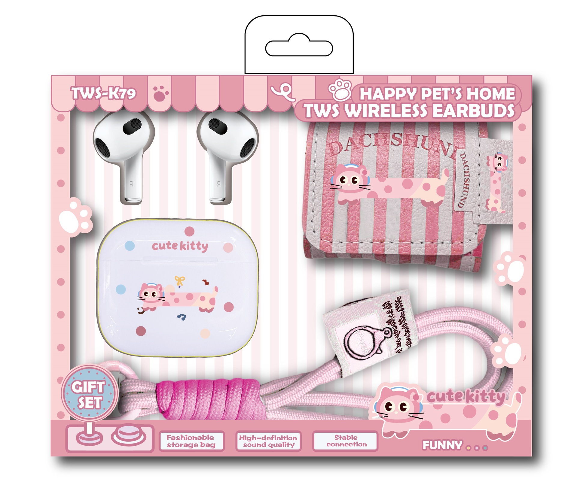 跨境新款TWS-K79入耳式真无线蓝牙耳机5.4卡通皮质收纳包手机挂绳