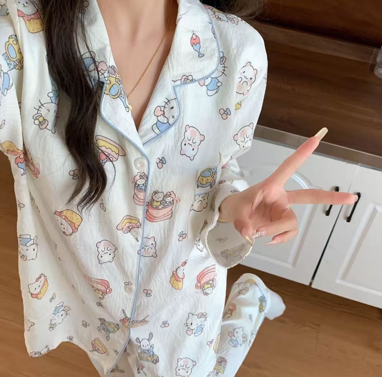 Venta al por mayor transfronteriza de algodón de nube pijamas de cachorro rizado simple japonés pantalones de manga larga de primavera y otoño para mujer