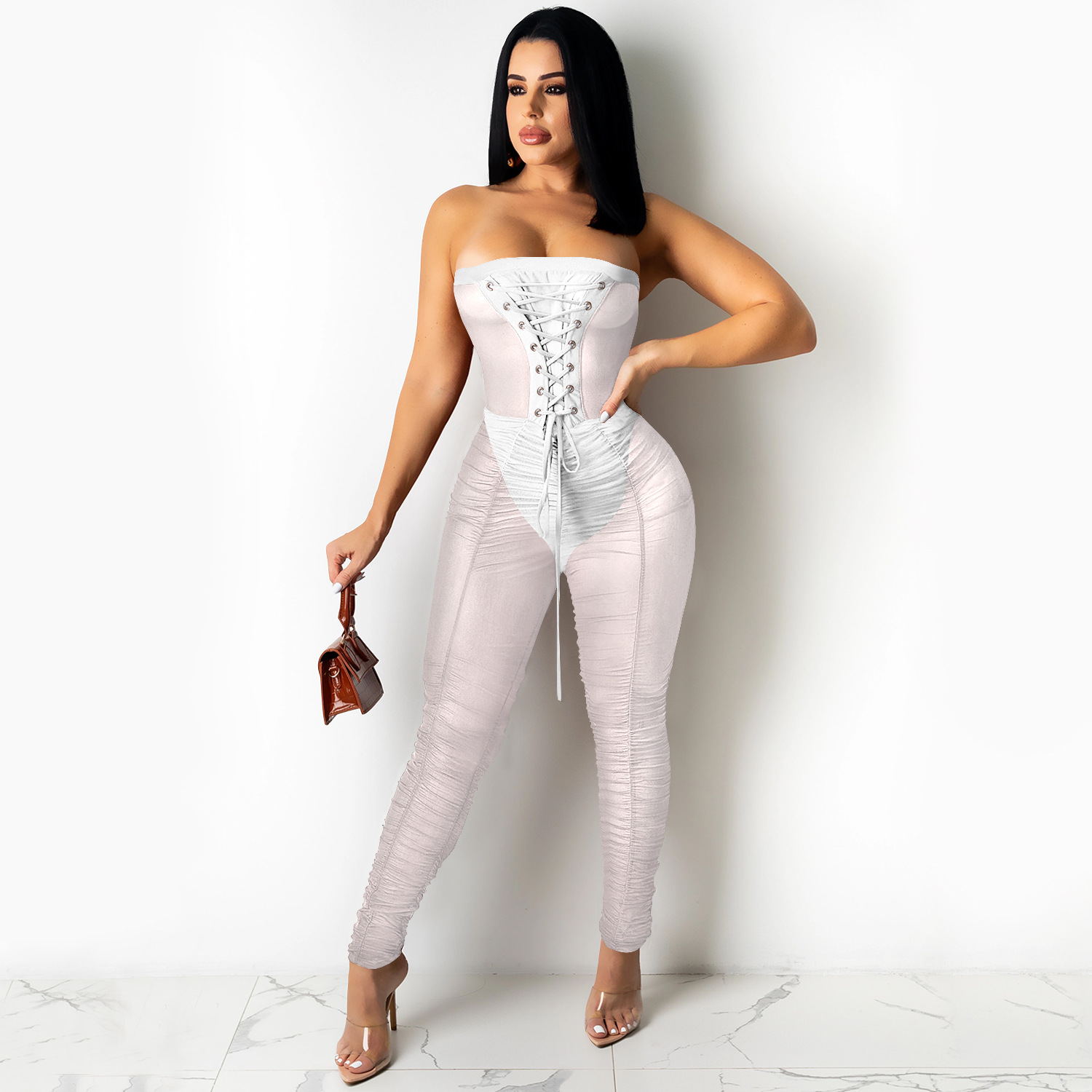 solid color wrapped chest sexy see-through jumpsuit nihaostyle clothing wholesale NSXYZ68563