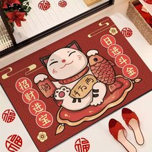 红色喜庆招财猫水晶绒地垫门口耐脏防滑垫家用进门玄关蹭土脚垫
