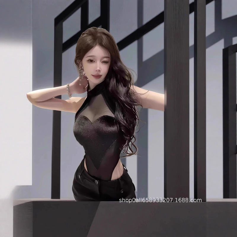 Hot Girl Mesh High-Neck Suspender New Slim-Fitting One-Piece Vest Design Sexy Sleeveless Sexy Bottoming Jumpsuit