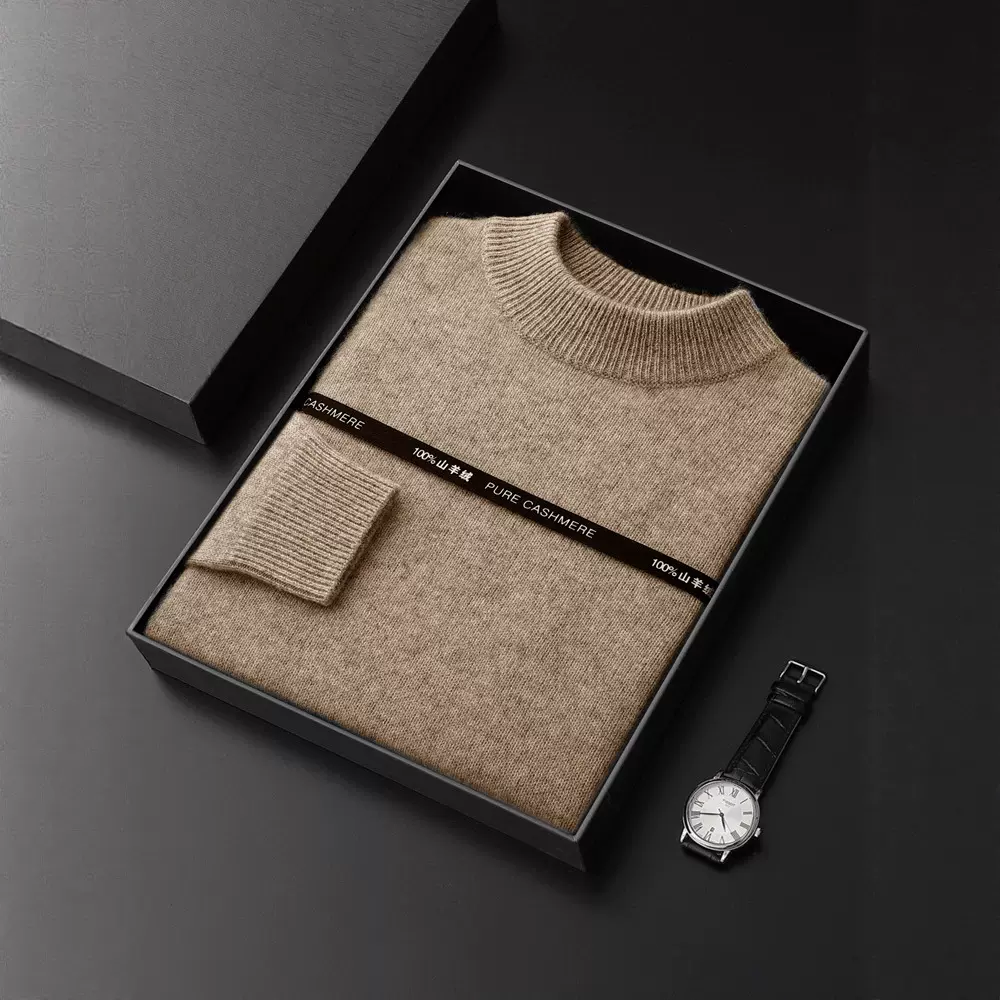 轻奢100山羊绒男士半高领商务休闲羊绒套头毛衣男士7针厚款纯羊绒