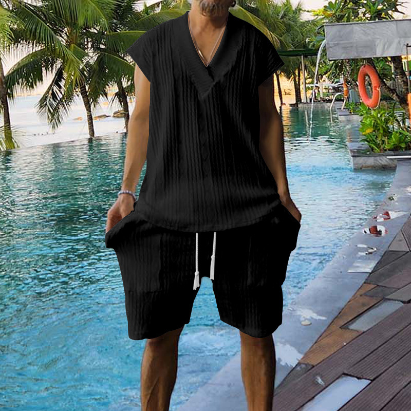 Men's Summer Jacquard Knit Short Sleeve Shirt And Shorts Set, Comfortable Casual Lounge Wear_viptrois.com