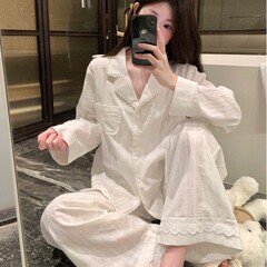 韓国insレディース春夏新品少女レトロ愛レースフレンチルームパジャマセットレディース