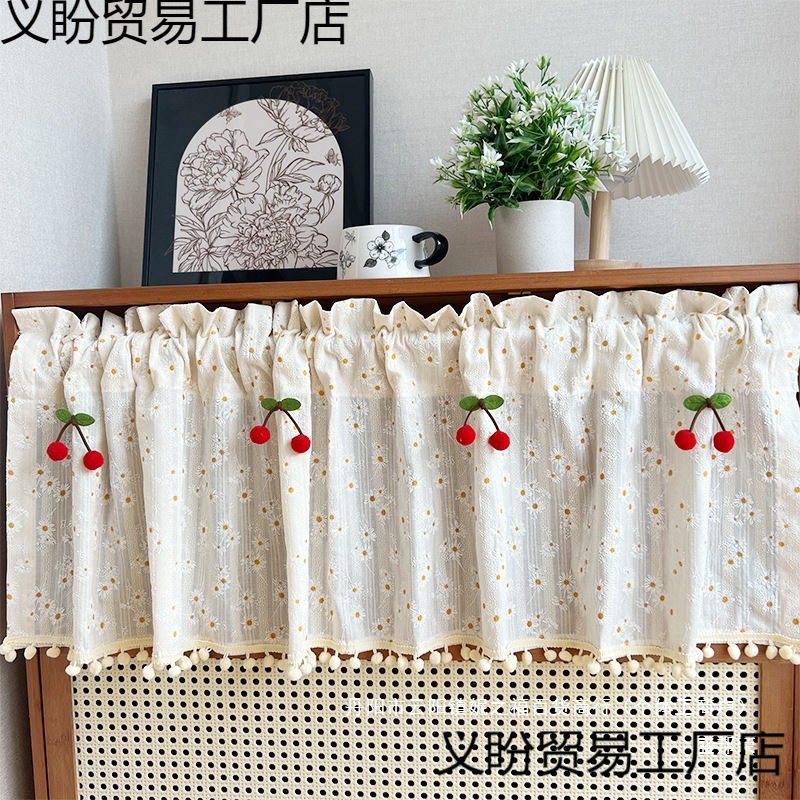 Shengbang Rongshengbang Partition Pure Cotton Door Curtain Pastoral Daisy French Perforated Short Curtain Vintage Floral Half Curtain
