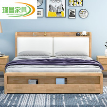 北欧实木床简约现代储物床单人多功能轻奢双人主卧出租房软靠床