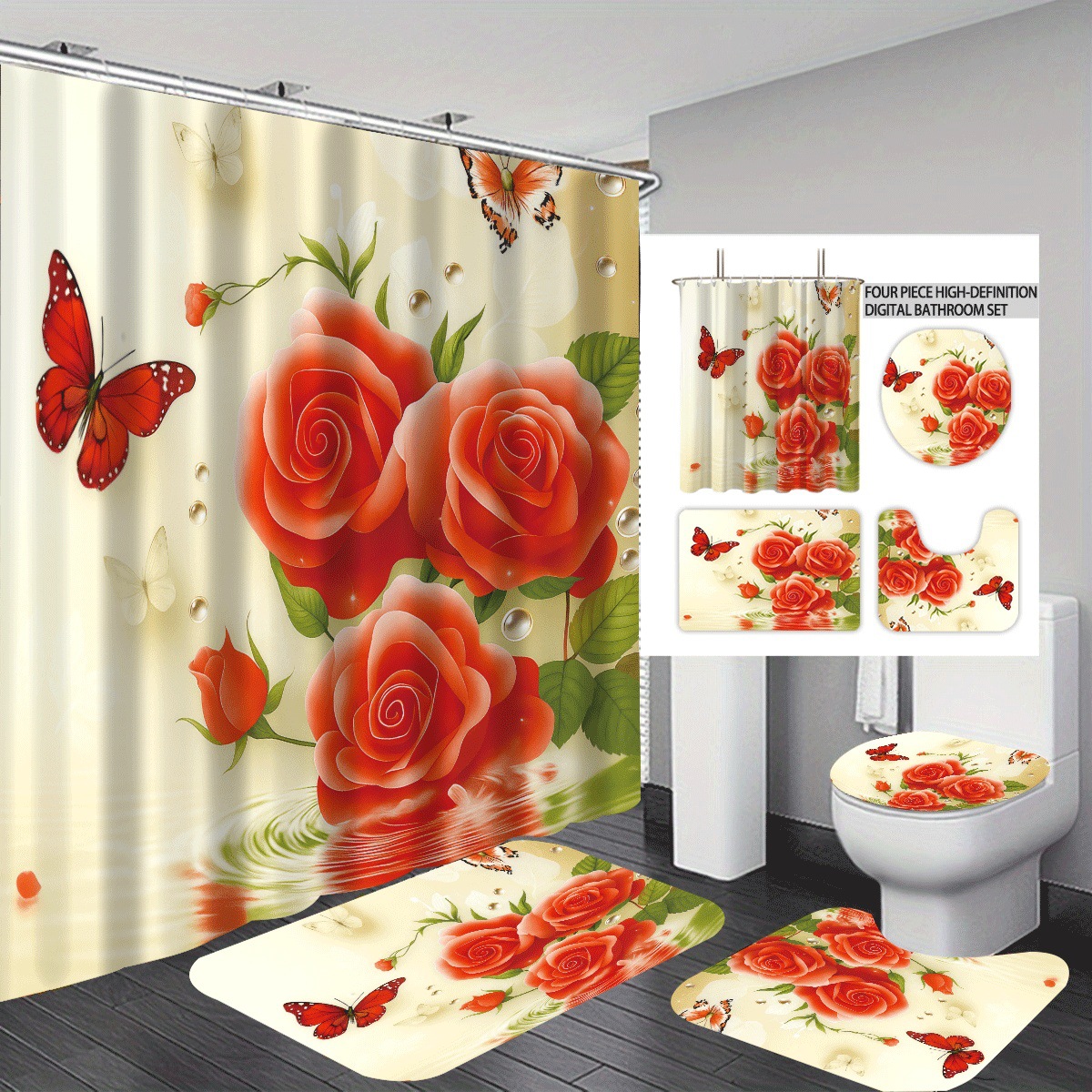 Agente de poliéster Mei Ke más cortina de baño impermeable serie de agua floral 3D impresión digital cortina de baño cuatro piezas alfombra absorbente