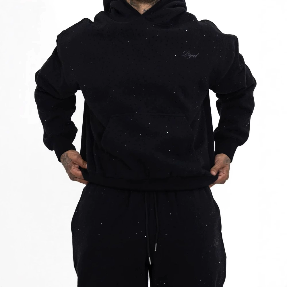 Мужская толстовка с капюшоном и длинным рукавом, с принтом в темной гамме, в европейском и американском стиле, повседневная, модная, с декором из страз, для молодежи.