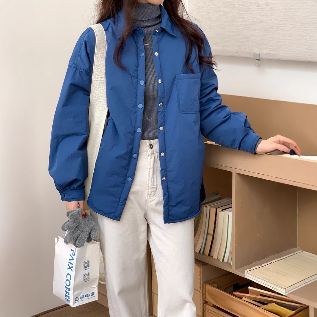 高级感克莱因蓝宽松夹棉衬衫外套女冬季新款韩系保暖棉服衬衣