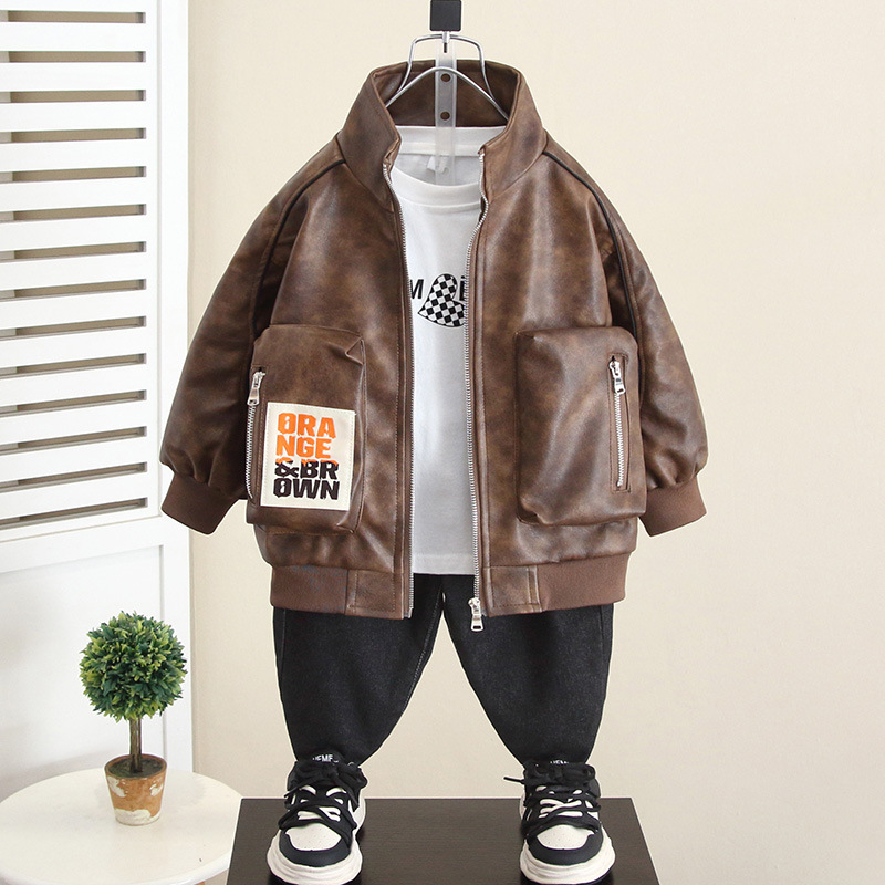 6308 primavera y otoño para niños, chaqueta de cuero con cuello alto fresco y guapo, chaqueta de otoño de la calle frita para niños 2025 nueva chaqueta de cuero para niños