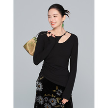 【知合堂】黑色镂空长袖上衣女2025秋季新款设计感不规则针织衫