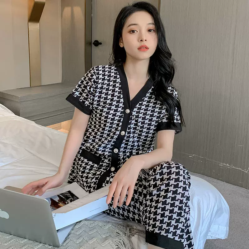 春夏睡衣女短袖长裤V华尔棉薄款甜美夏季女士大码宽松家居服套装