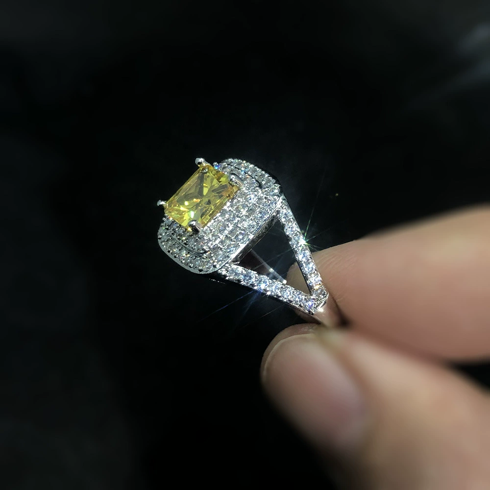 Жёлтое квадратное zirconia кольцо с камнем, аксессуар, европейский стиль, инкрустированный бриллиантом, микрокристаллизация, оптом