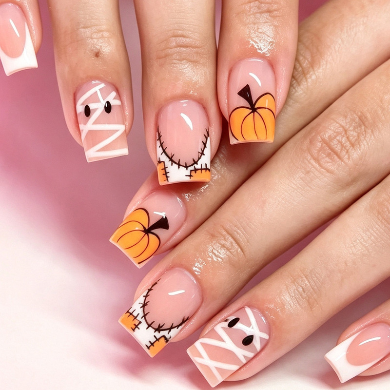 Cross-border Halloween medium-long rectangular press-on nails in nude color with pumpkin, mummy, and cute little ghost designs, detachable nail pieces