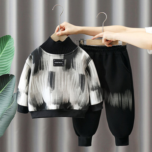 Boy's letter pullover sweater pants suit medium and small children baby thickened all-match casual top trousers suit tide