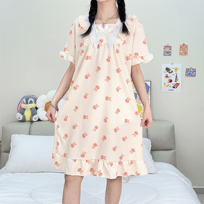 Pijama de mujer de verano tejido espuma tejida tela arrugada pijama de mangas cortas princesa vestido de viento suelto vestido de casa de verano