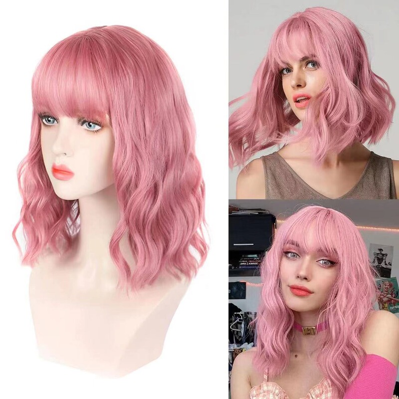 Aliexpress Hot Selling Women's Short Curly Hair Chemical Fiber Headgear European and American Wine Red Bob Head齐 Bangs Wig Wholesale
