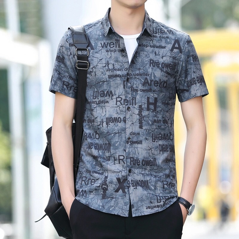 Ice Silk Short-Sleeved Shirt for Men in Summer, Handsome Youth Casual Shirt, Versatile Ice-Feel Trendy New Full-Print Shirt