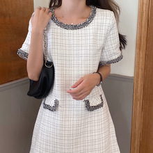 韩国chic法式复古金丝线编织圆领格纹宽松毛边装饰短袖连衣裙女