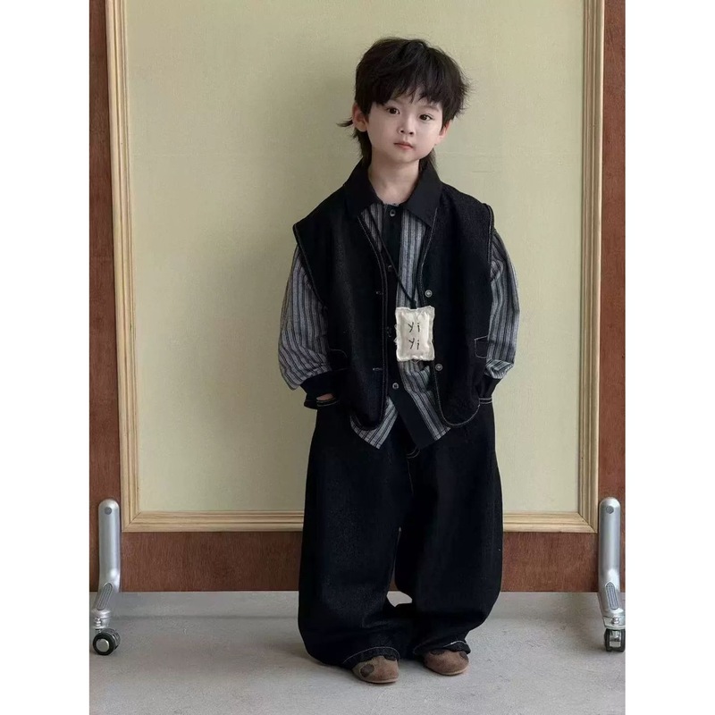 儿童秋季套装2025秋季新款男童韩版帅气衬衫牛仔坎肩牛仔裤三件套|undefined
