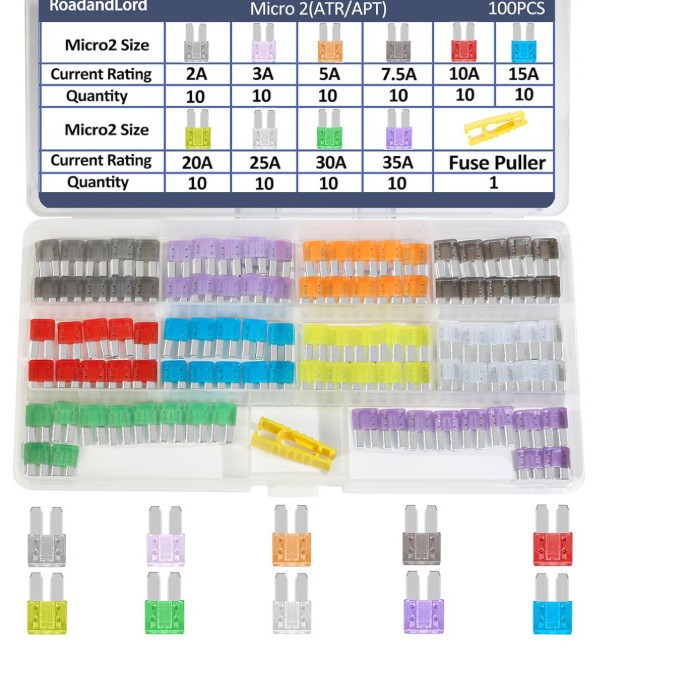 100件汽车替换保险丝 Micro2 ATR/APT刀片保险丝套件