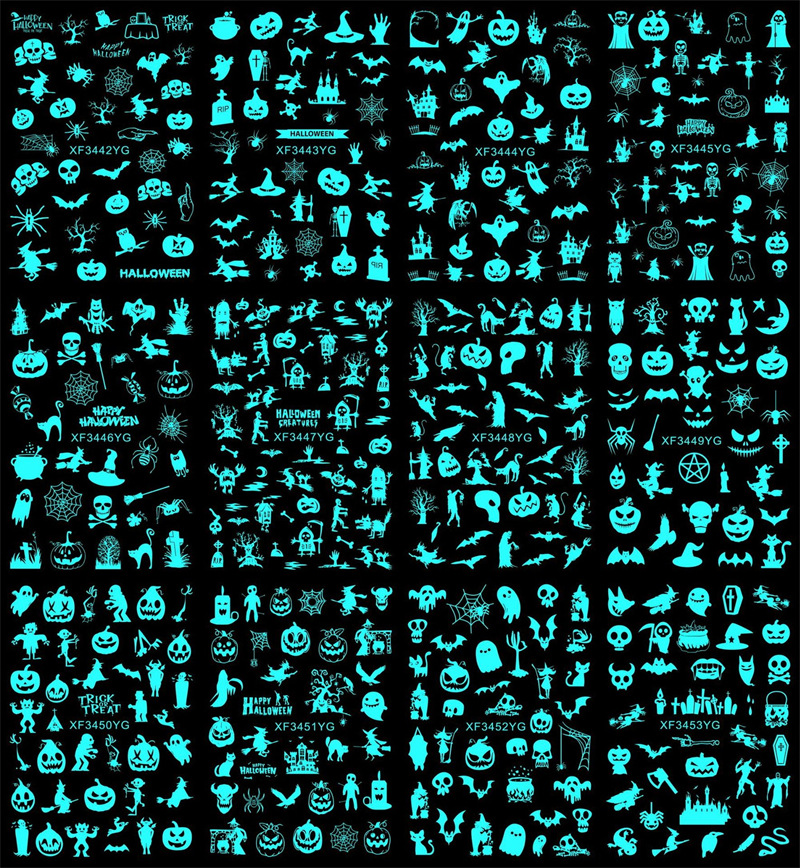 Nuevo 12 piezas un conjunto de pegatinas de uñas luminosas de Halloween divertidas pegatinas de uñas de cráneo de calabaza traje