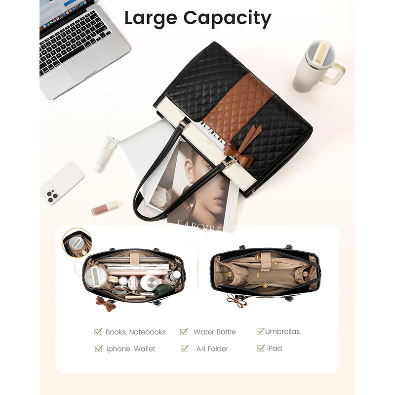 New Women's Commuter Handbag Laptop Shoulder Bag PU Leather Briefcase Waterproof Computer Bag - Thumbnail 3