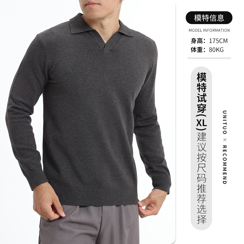 Lujo ligero viejo estilo gaviota cuello polo negro de manga larga hombre casual versátil delgado fondo camiseta lana