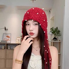 手工钩针珍珠流苏包头帽针织毛线帽子女秋冬季保暖复古显脸小冷帽