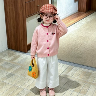 韩系女童粉色甜美针织开衫秋装婴儿衣服洋气刺绣小狗撞色毛衣外套
