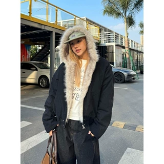 超好看美式黑色座山雕加绒加厚棉服外套女冬季2026新款高级感棉袄