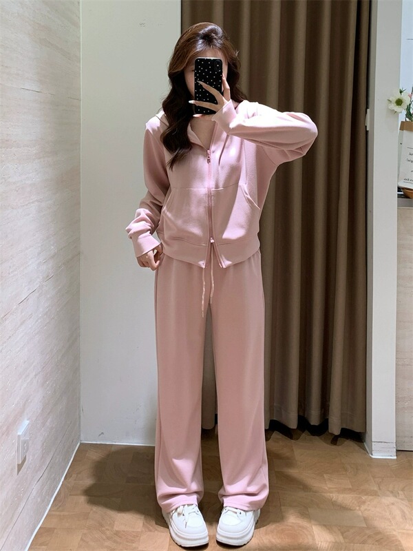 运动休闲风基础Q弹双拉链短卫衣外套+高腰阔腿卫裤2件套装女秋季|undefined